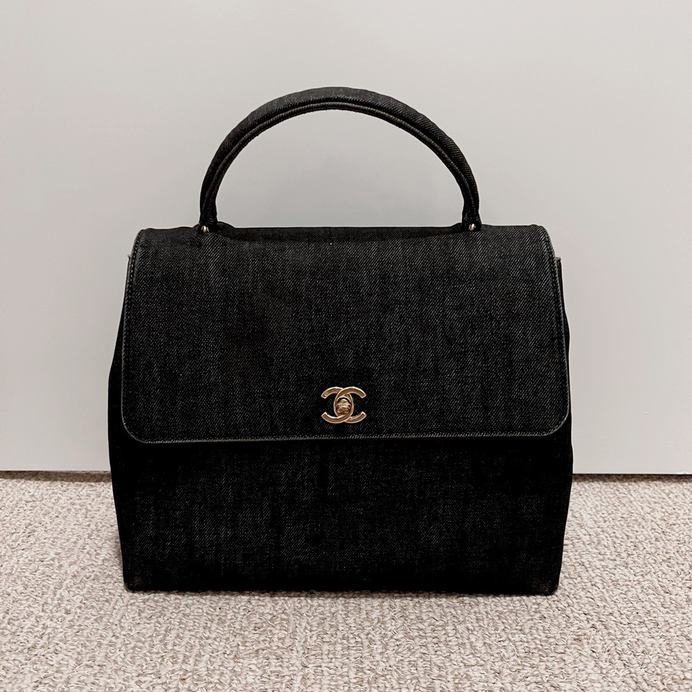Chanel Black Kelly Top Handle Bag in Denim Authentic Vintage
